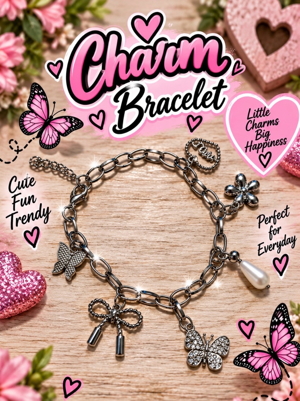 Mint Silver Charm Bracelet with Butterfly, Bow & Pearl Charms